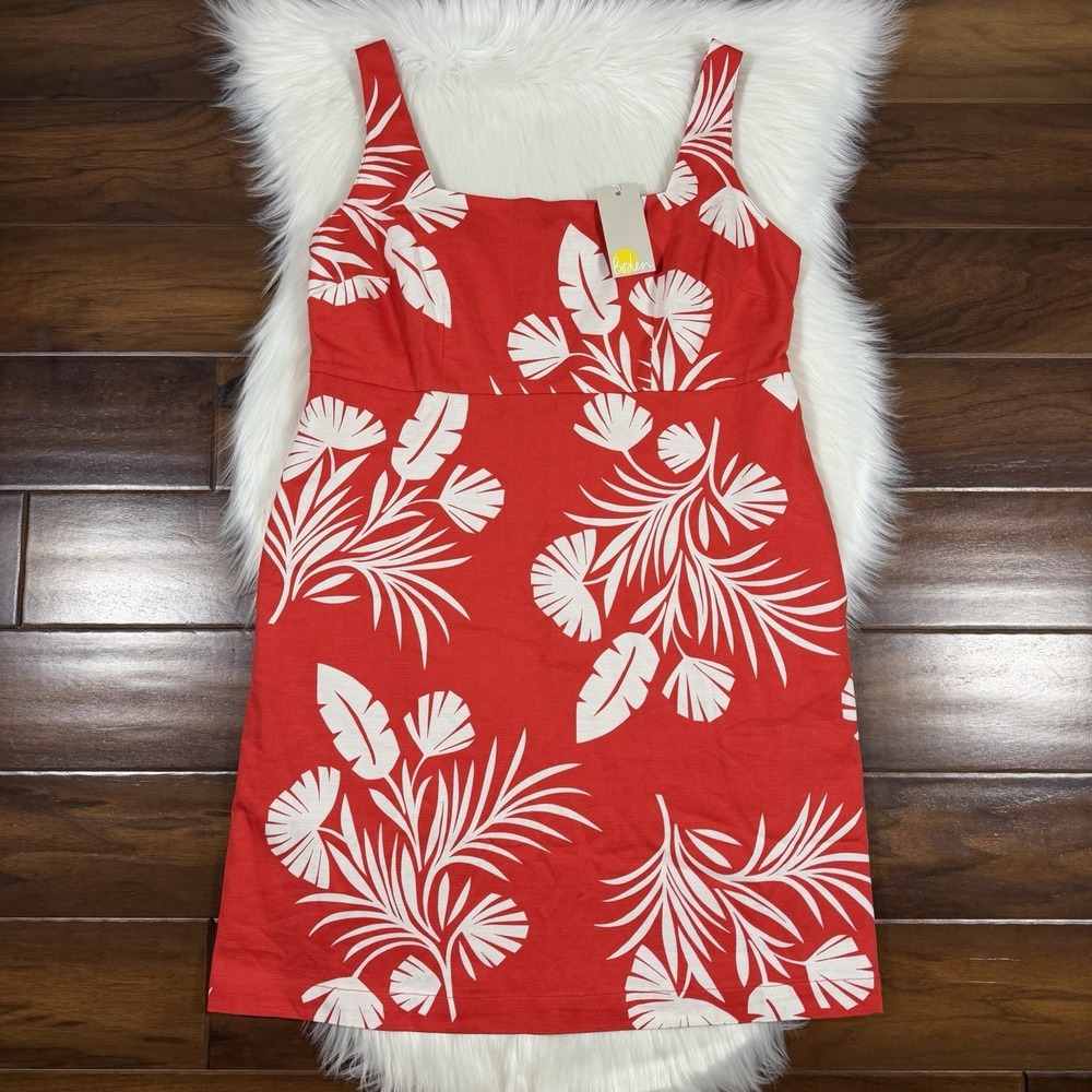 Boden Women's Size 10 Petite Red White Tropical Palm Leaf Yolanda Shift Dress